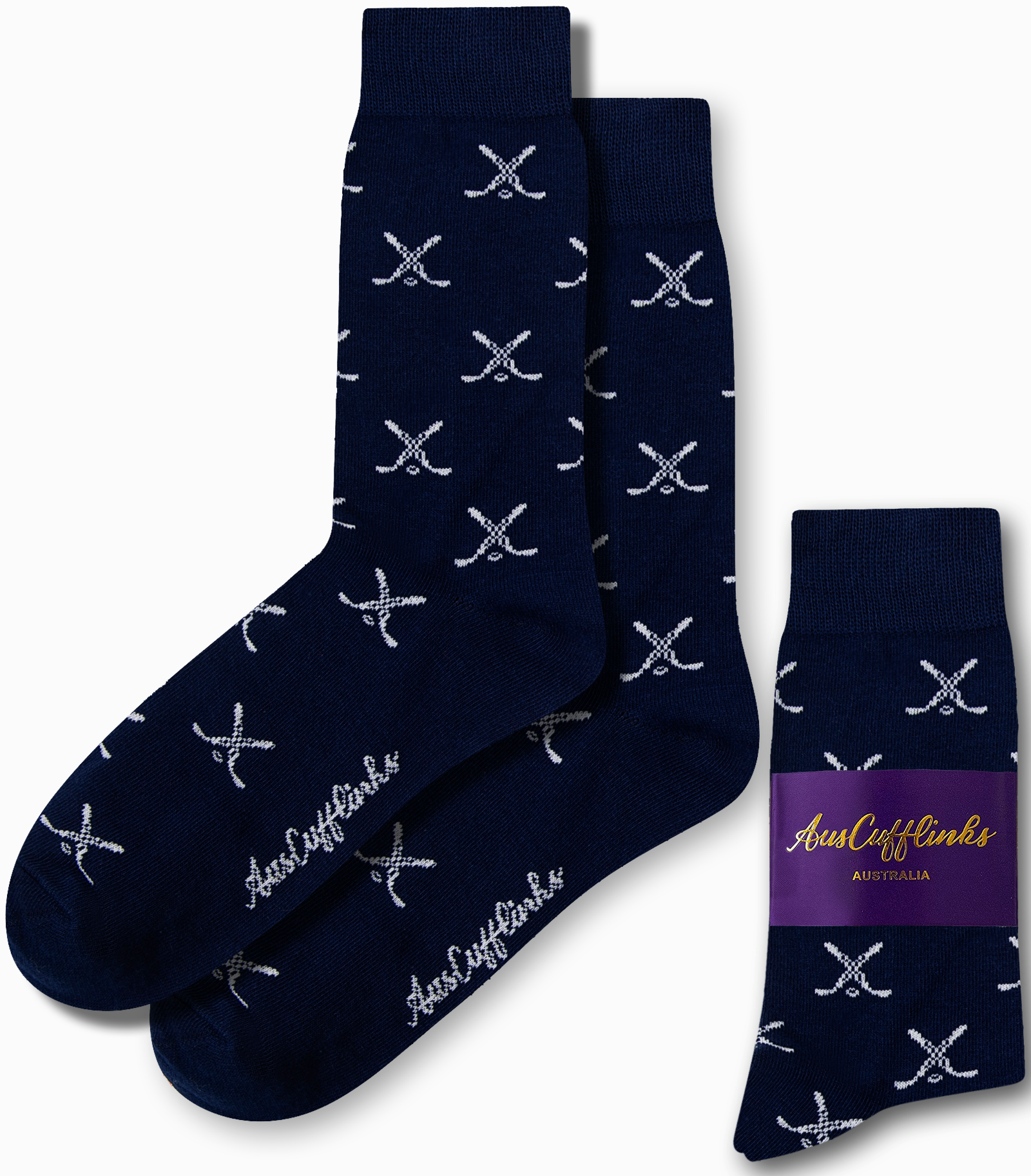 Dark blue Crossed Ice Hockey Socks featuring white cross patterns and "AusCufflinks" branding, perfect for elevating your style. Packaged pair on the right.