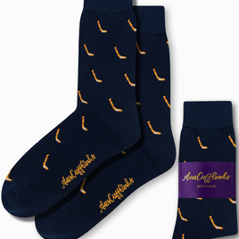 Two dark blue Ice Hockey Socks featuring yellow patterns and "AusCufflinks" branding, paired beside a folded set with a purple label. Elevate your style with these stylish accessories.