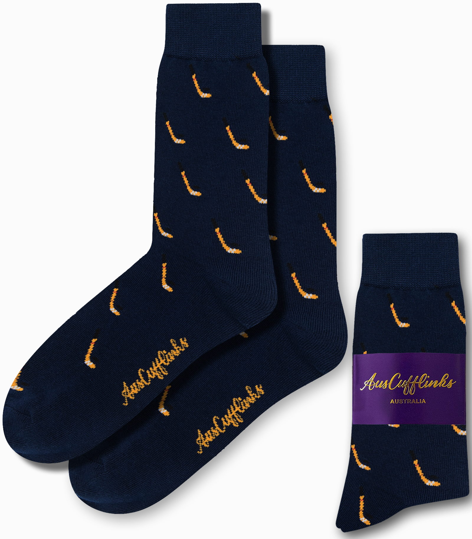 Two dark blue Ice Hockey Socks featuring yellow patterns and "AusCufflinks" branding, paired beside a folded set with a purple label. Elevate your style with these stylish accessories.