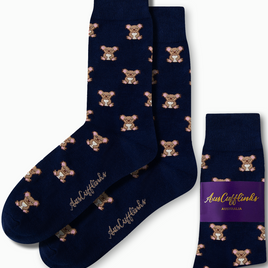 Koala Socks in navy blue featuring a delightful pattern of small koalas, complete with a branding tag that reads "AusCufflinks Australia.