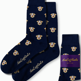 Introducing our Labrador Dog Socks: a stylish pair of navy socks adorned with an eye-catching pattern of repeating white dog faces. Experience unmatched comfort and quality, highlighted by the "AusCufflinks Australia" embroidery on the side.