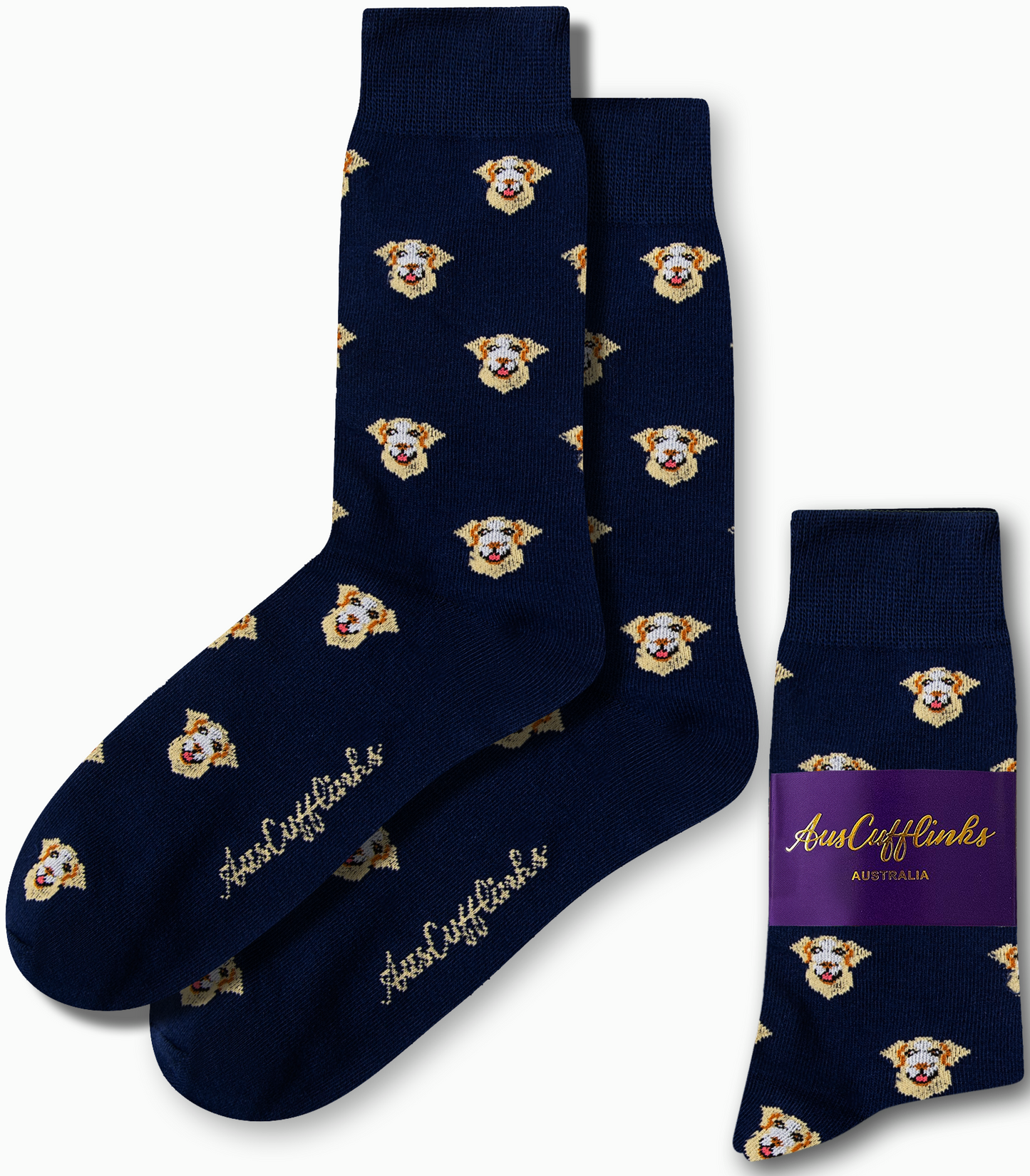 Introducing our Labrador Dog Socks: a stylish pair of navy socks adorned with an eye-catching pattern of repeating white dog faces. Experience unmatched comfort and quality, highlighted by the "AusCufflinks Australia" embroidery on the side.