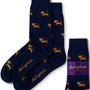 These stylish Lion Socks, featuring navy blue fabric with orange lion embroidery, are displayed as a pair and neatly folded. They come with a purple label bearing the "AusCufflinks Australia" branding, perfect for adding a touch of majesty to your wardrobe.