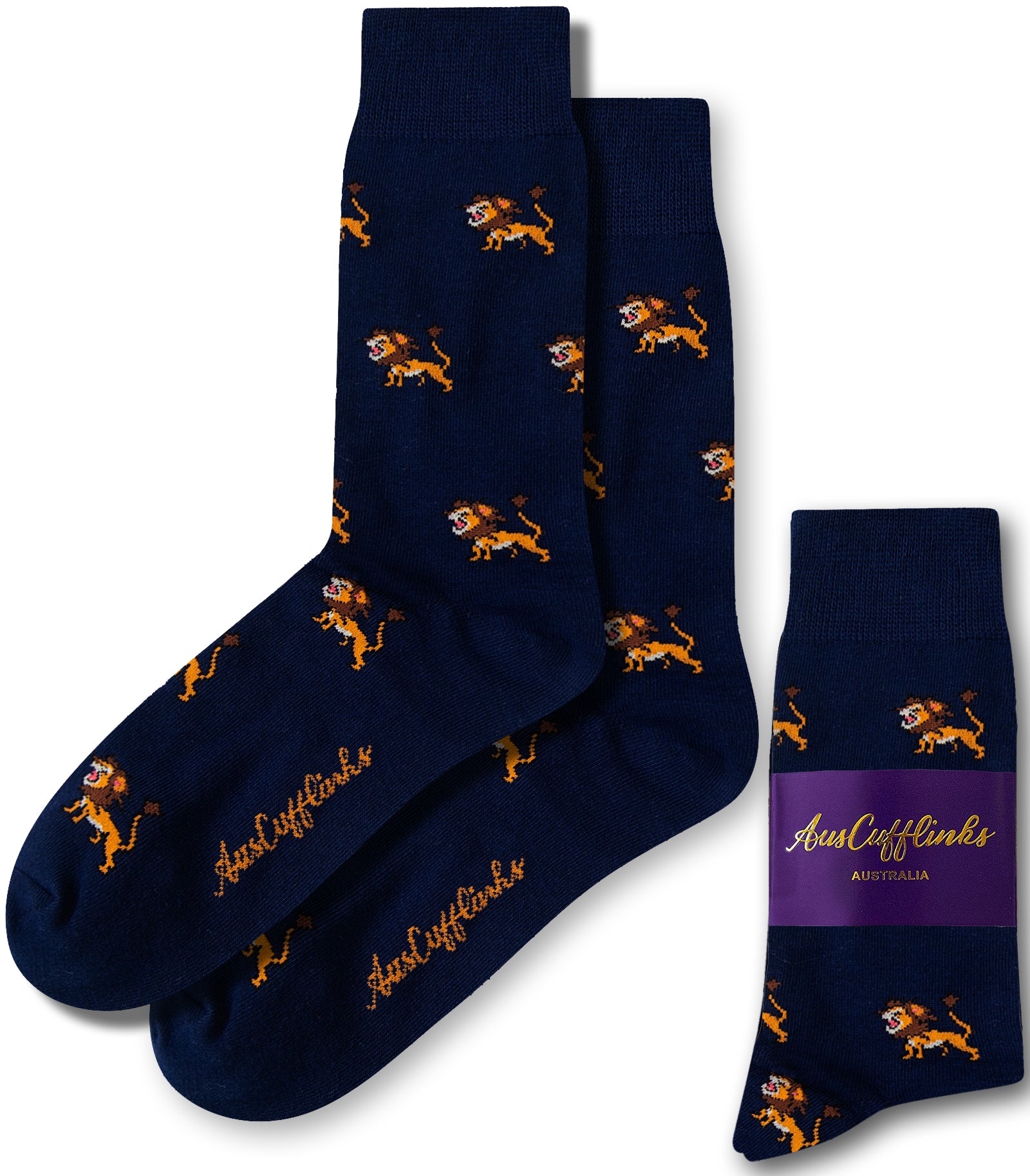 These stylish Lion Socks, featuring navy blue fabric with orange lion embroidery, are displayed as a pair and neatly folded. They come with a purple label bearing the "AusCufflinks Australia" branding, perfect for adding a touch of majesty to your wardrobe.