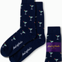 Enhance your sock collection with the Martini Margarita Socks in a deep blue hue, featuring playful martini glass designs. A purple band showcasing "AusCufflinks Australia" adds a splash of vibrant style to your outfit.