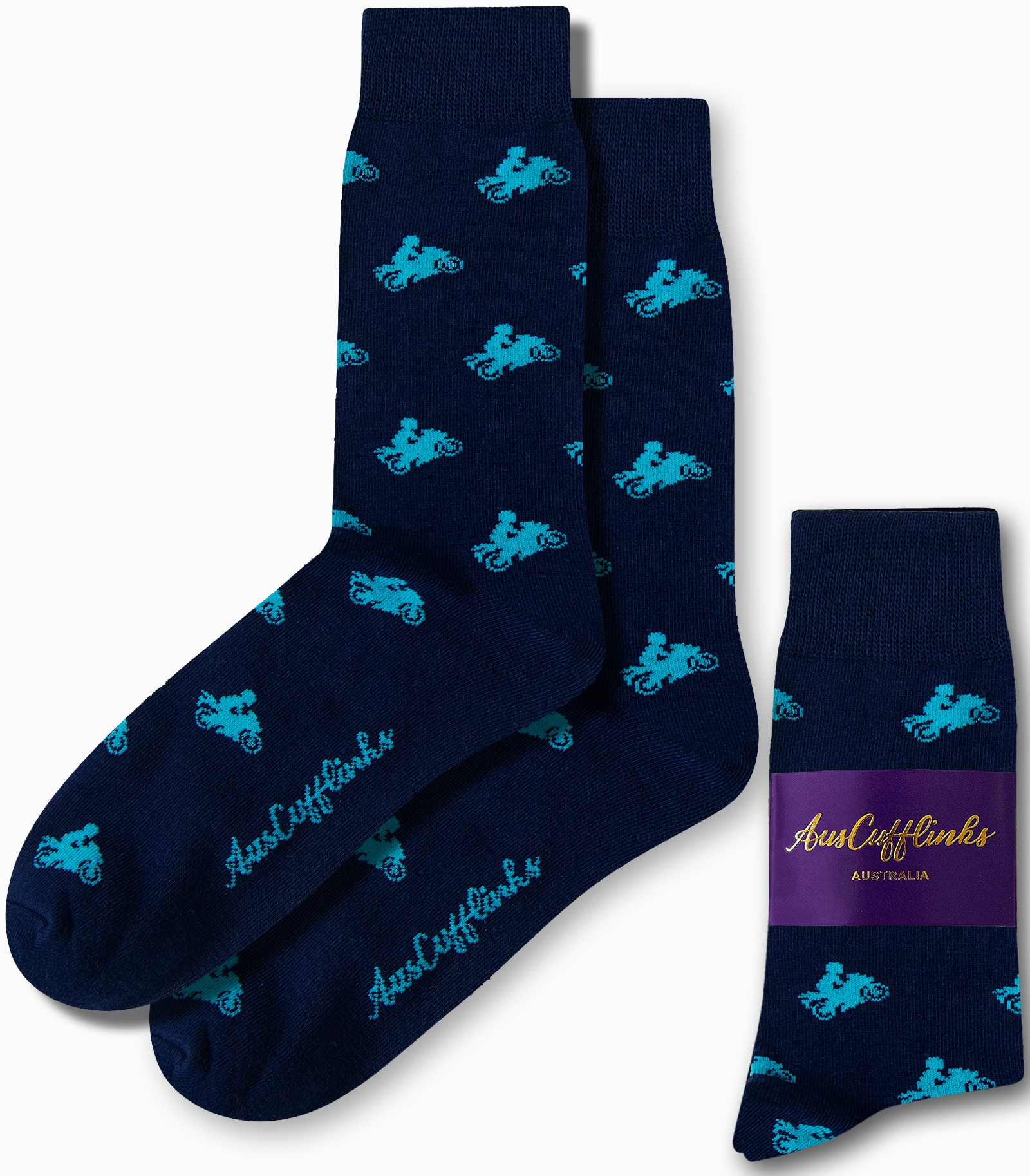 Introducing our Motorbike Socks, featuring a stylish turquoise bicycle pattern on a vibrant blue background. These socks come elegantly packaged in matching designs and are labeled "AusCufflinks Australia.