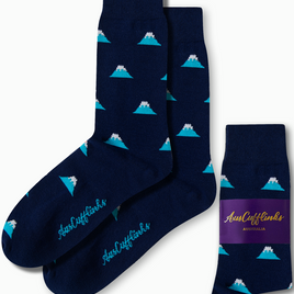 Mountain Socks featuring blue fabric with white and turquoise mountain illustrations, offering a standout peak style. The brand label says "AusCufflinks Australia.