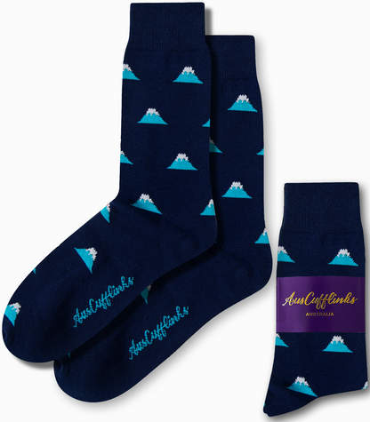 Mountain Socks featuring blue fabric with white and turquoise mountain illustrations, offering a standout peak style. The brand label says "AusCufflinks Australia.