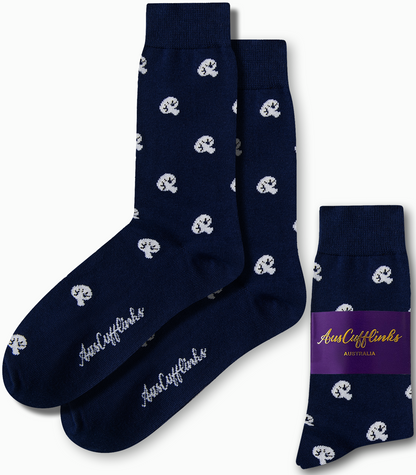 A pair of Mushroom Socks in navy blue features white paisley patterns with "AusCufflinks" printed in white, adding a touch of flair to your feet. The package also includes "AusCufflinks Australia.