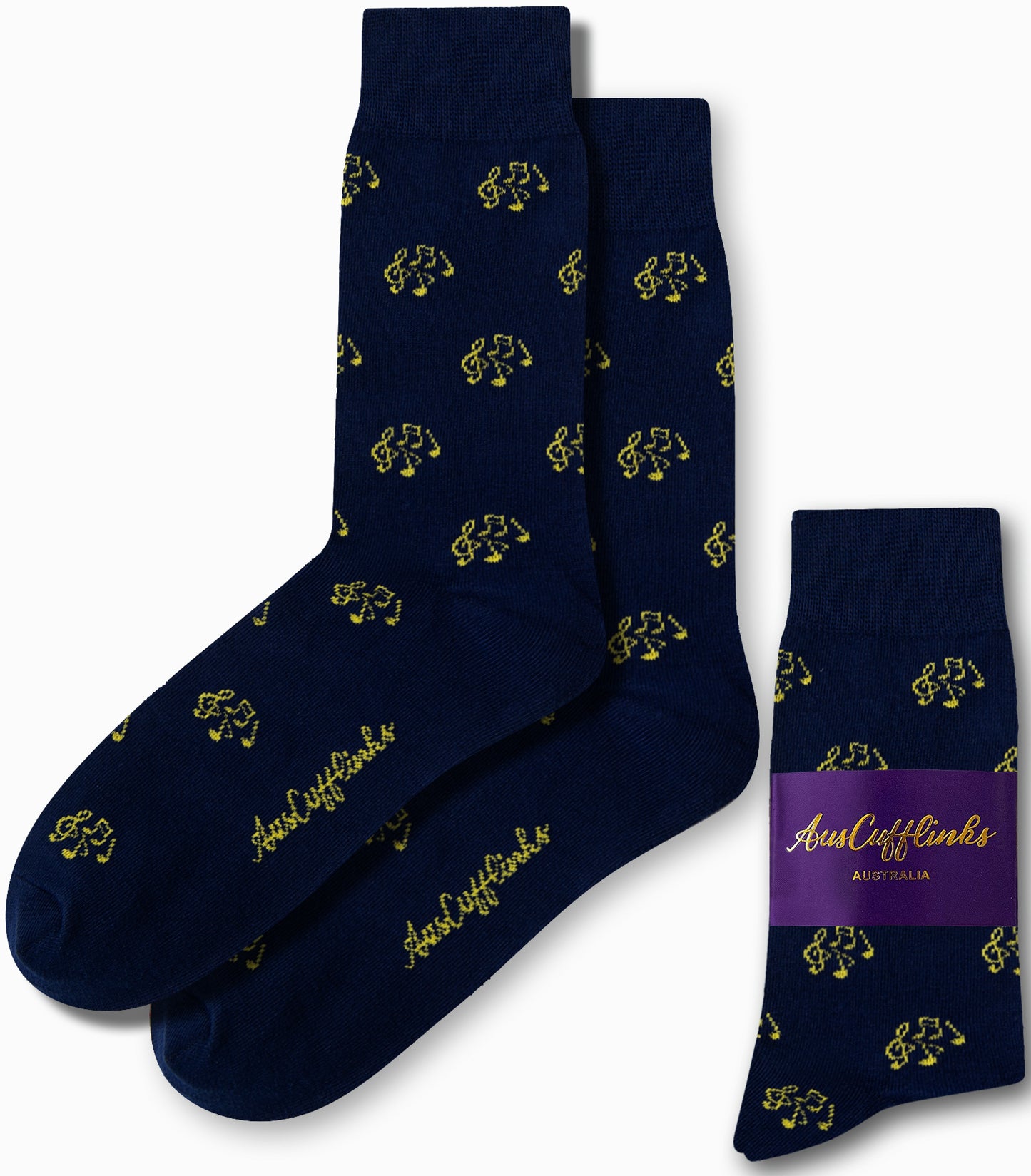 Musical Note Socks in navy blue showcase a vibrant yellow saxophone pattern, making them ideal for adding a stylish touch to your ensemble. Featuring the "AusCufflinks Australia" label in purple, these socks seamlessly blend sophistication with fun.