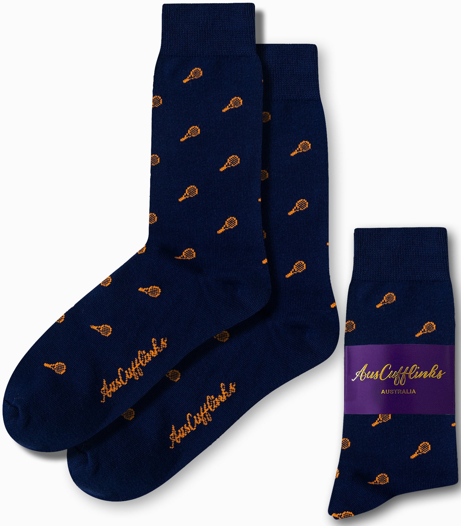 The Orange Tennis Socks, sold under "AusCufflinks Australia," showcase vibrant orange tennis racket patterns on a dark blue background, offering both style and comfort with every serve.