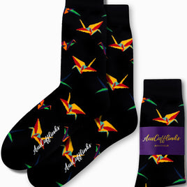 Origami Socks featuring black fabric and vibrant origami crane patterns, designed for comfort and finished with a purple "AusCufflinks" label.