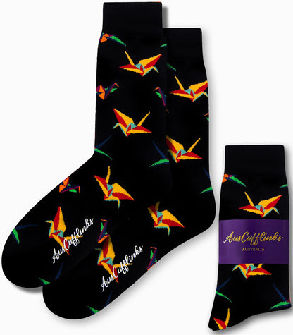 Origami Socks featuring black fabric and vibrant origami crane patterns, designed for comfort and finished with a purple "AusCufflinks" label.