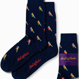 Pair of Parrot Socks in navy blue with colorful tropical bird patterns, elegantly packaged under the "AusCufflinks" brand.