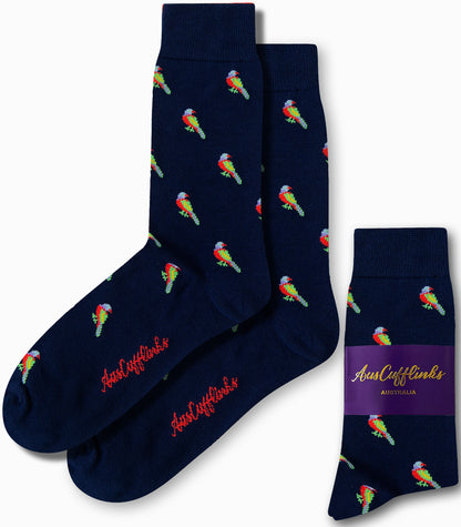 Pair of Parrot Socks in navy blue with colorful tropical bird patterns, elegantly packaged under the "AusCufflinks" brand.