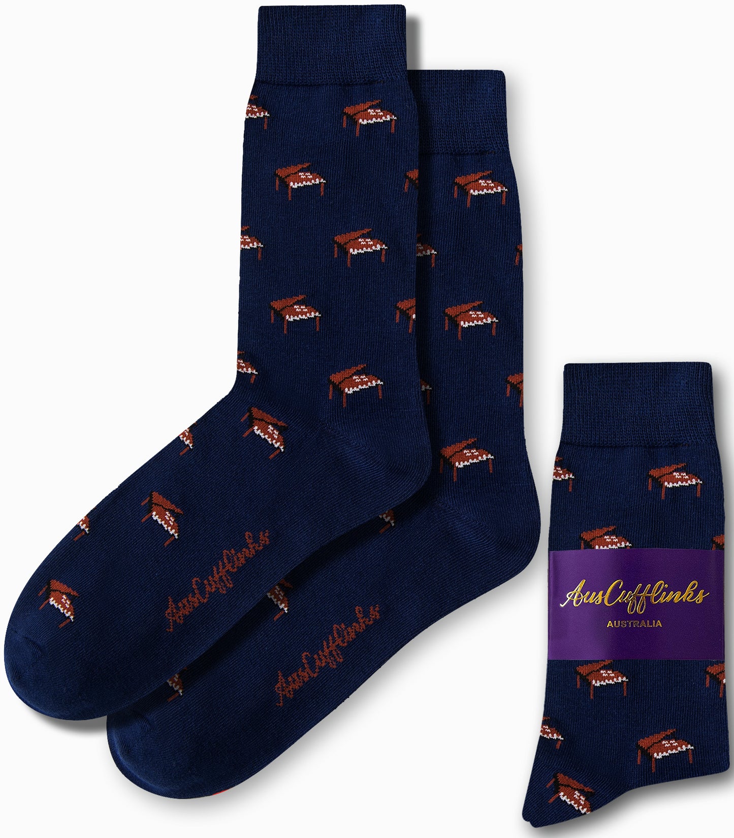 Introducing the Piano Socks in navy blue, adorned with a stylish piano pattern for a touch of timeless elegance. They arrive in the distinctive "AusCufflinks Australia" packaging, adding an exquisite flair to any ensemble.