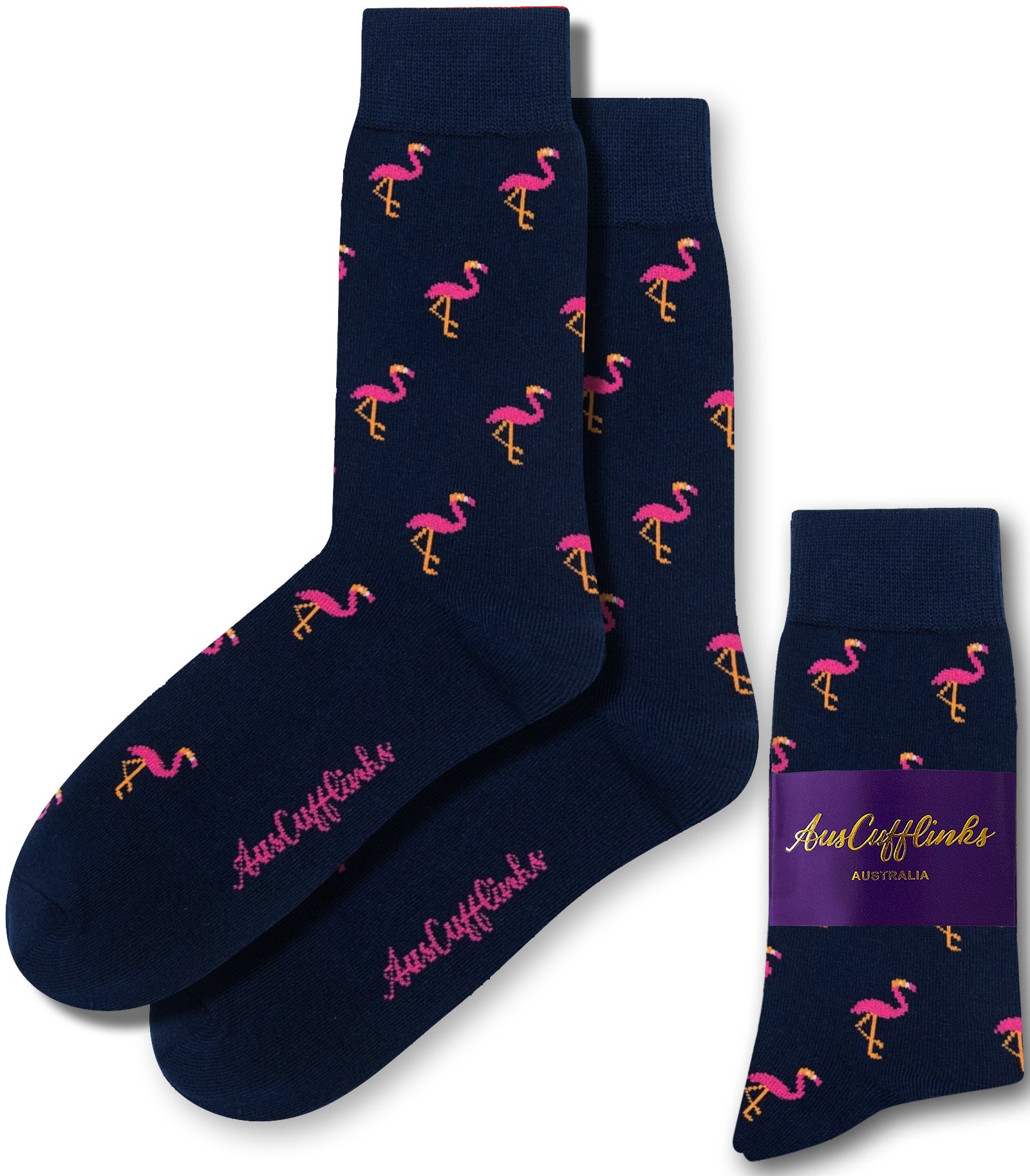 The Pink Flamingo Socks, adorned with charming pink flamingo patterns against a navy blue background, bring a whimsical touch to your sock collection, complete with an "AusCufflinks Australia" label.