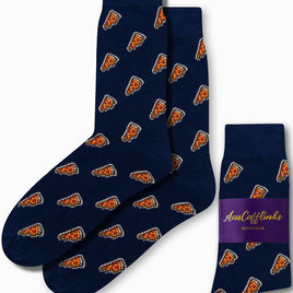 Introducing our Pizza Socks: a cozy and fashionable pair of navy blue socks adorned with a small pizza slice pattern. They come elegantly packaged in matching packaging labeled "AusCufflinks Australia.