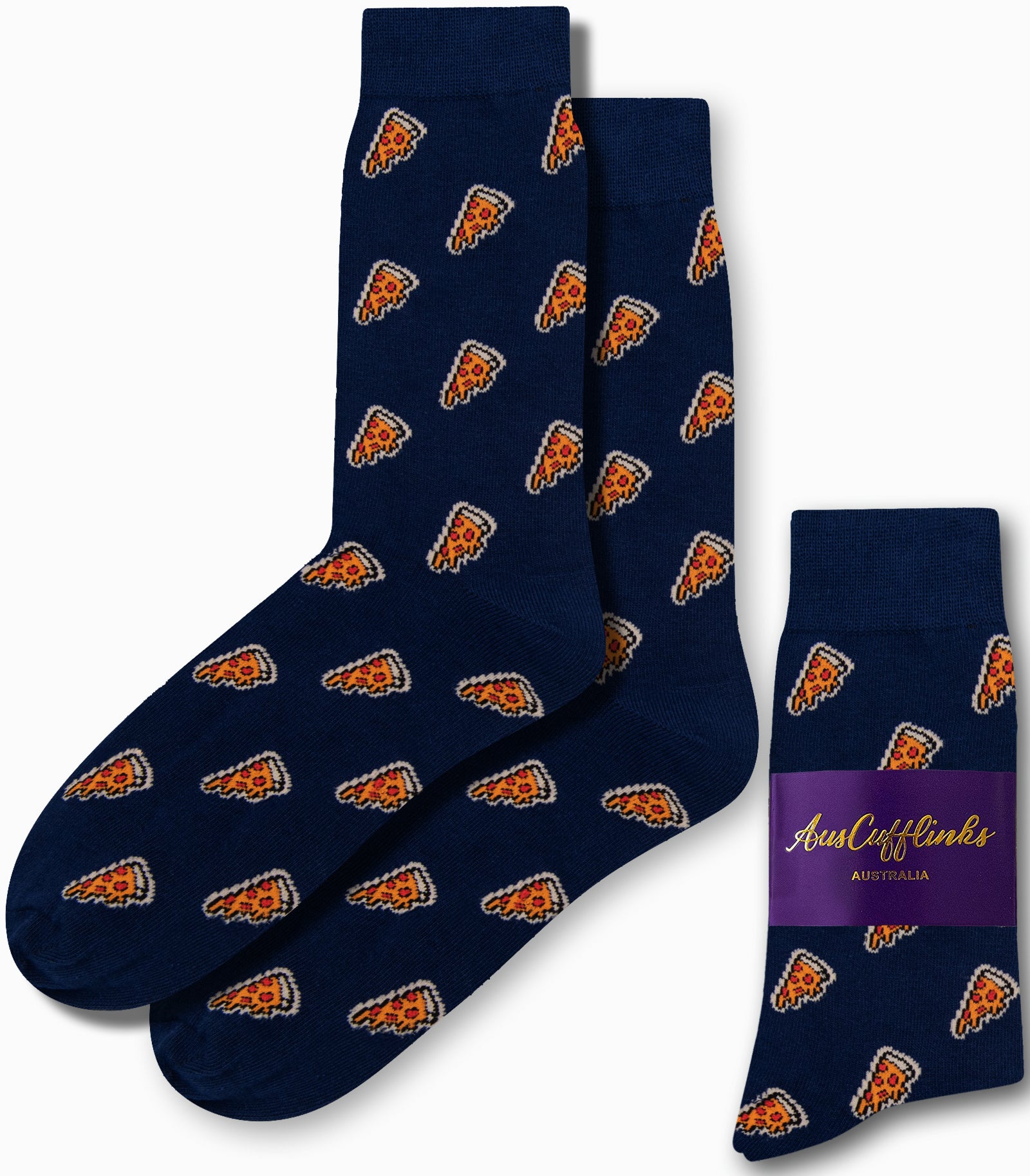 Introducing our Pizza Socks: a cozy and fashionable pair of navy blue socks adorned with a small pizza slice pattern. They come elegantly packaged in matching packaging labeled "AusCufflinks Australia.