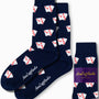 Navy blue Poker Socks showcasing white playing card motifs adorned with red hearts, embodying the latest fashion trends, packaged with a label stating "Aus Cufflinks Australia.