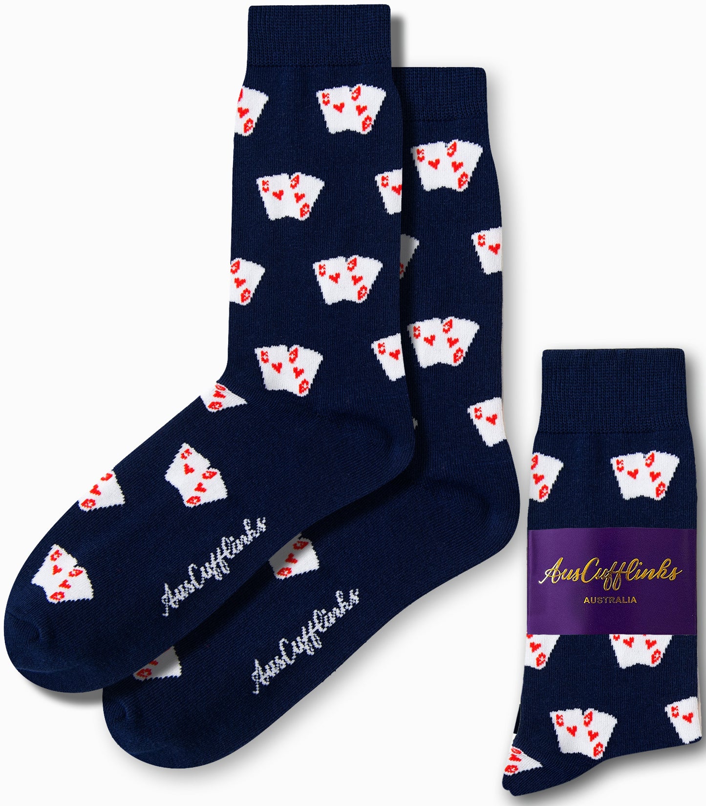 Navy blue Poker Socks showcasing white playing card motifs adorned with red hearts, embodying the latest fashion trends, packaged with a label stating "Aus Cufflinks Australia.