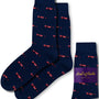 Navy blue socks featuring a red bicycle design, with one pair laid flat and another folded, are ready to take your sock game up a notch. These socks come with a purple label that reads "AusCufflinks Australia.