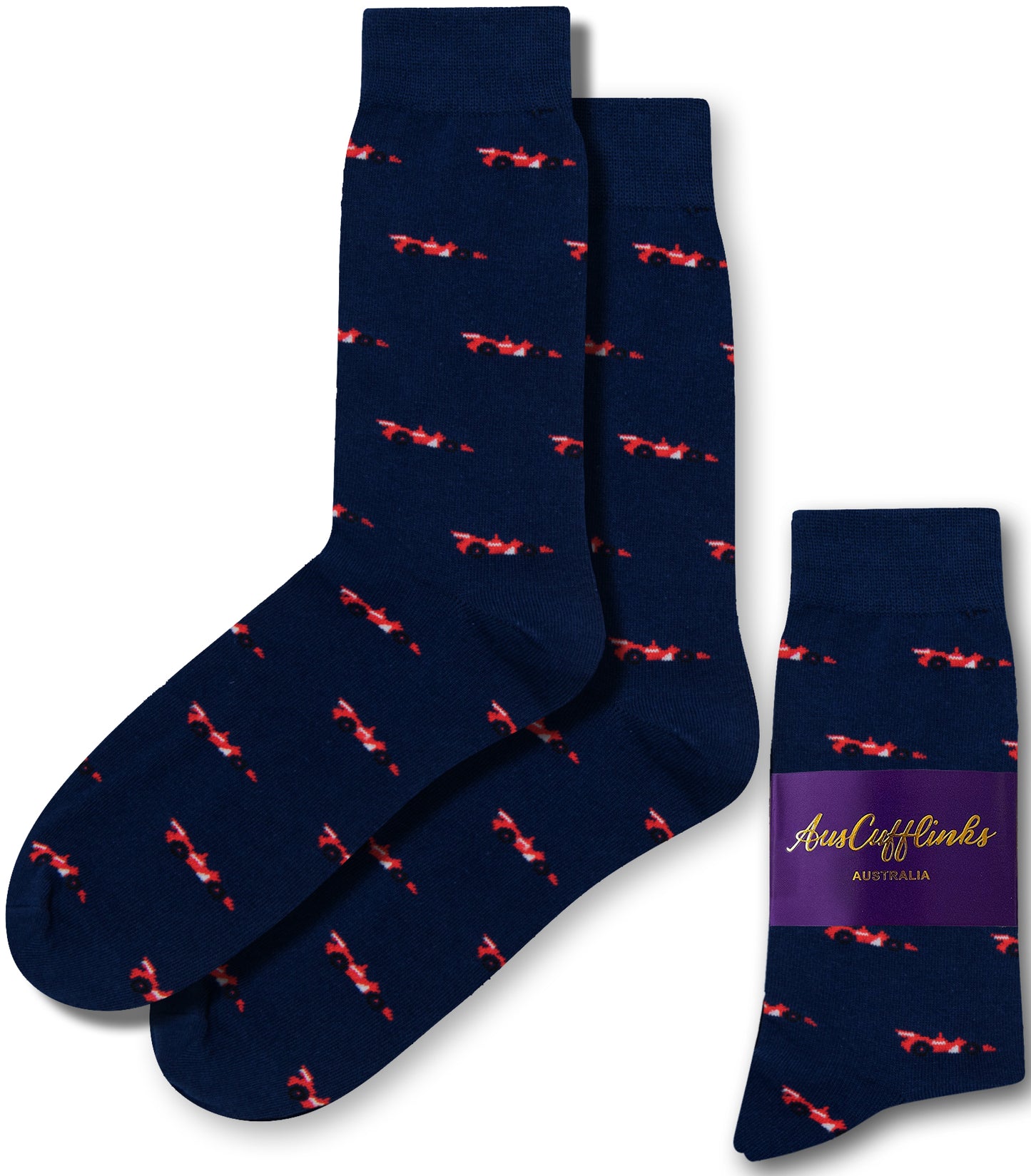 Navy blue socks featuring a red bicycle design, with one pair laid flat and another folded, are ready to take your sock game up a notch. These socks come with a purple label that reads "AusCufflinks Australia.