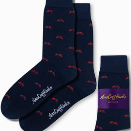 Navy blue Cyclist Bike Socks decorated with red bicycle patterns, these socks from "AusCufflinks Australia" offer comfort and performance ideal for cycling enthusiasts.