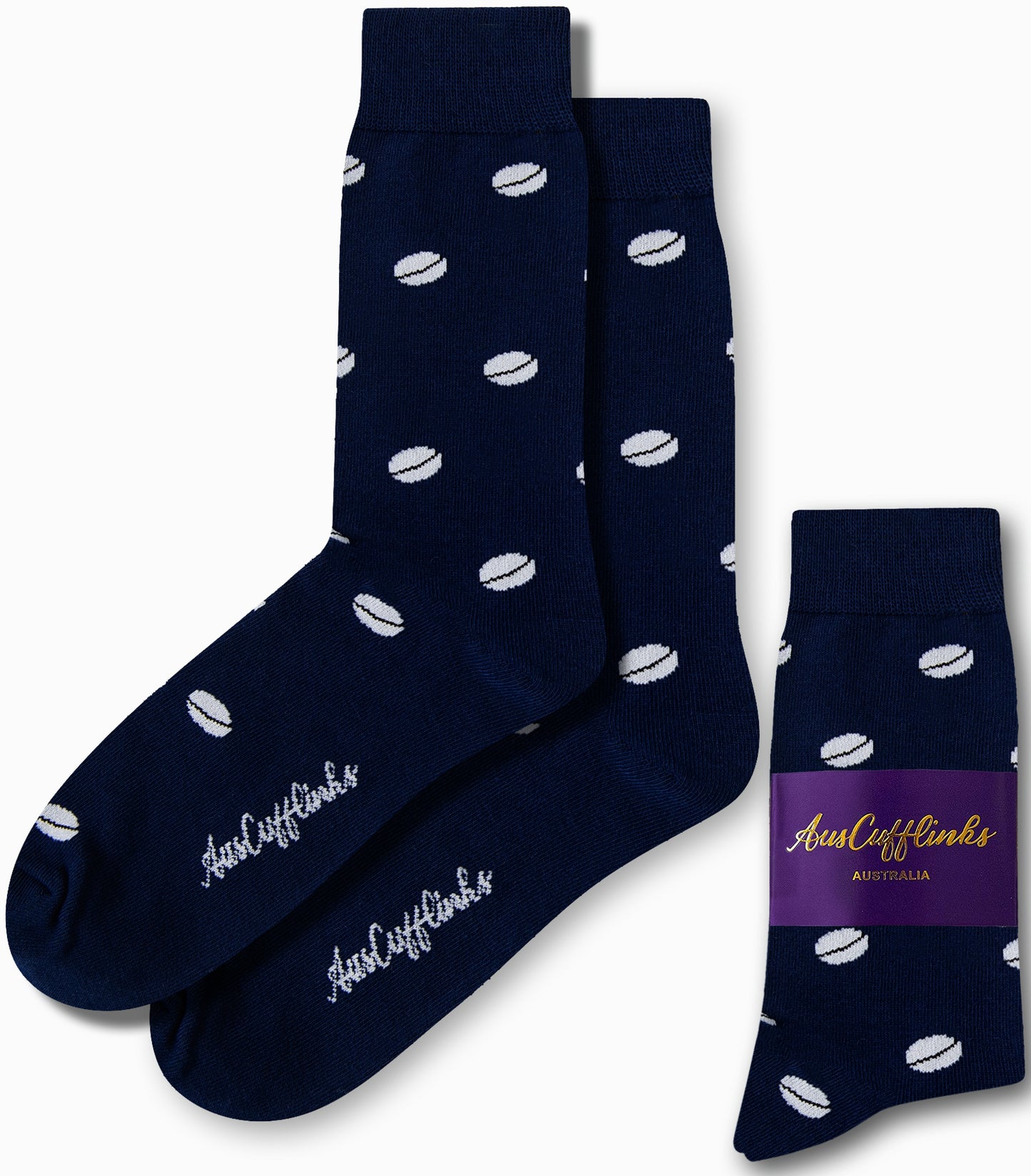 Navy blue rugby socks showcasing a sporty white cricket ball pattern and "AusCufflinks" branding near the toes. Designed to tackle any stride with style, one sock is folded with packaging visible.