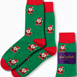 Santa Socks: These festive green socks feature a Christmas theme with a Santa Claus pattern and red accents at the top and toe, adding holiday cheer to your wardrobe. Each pair is packaged on the side.