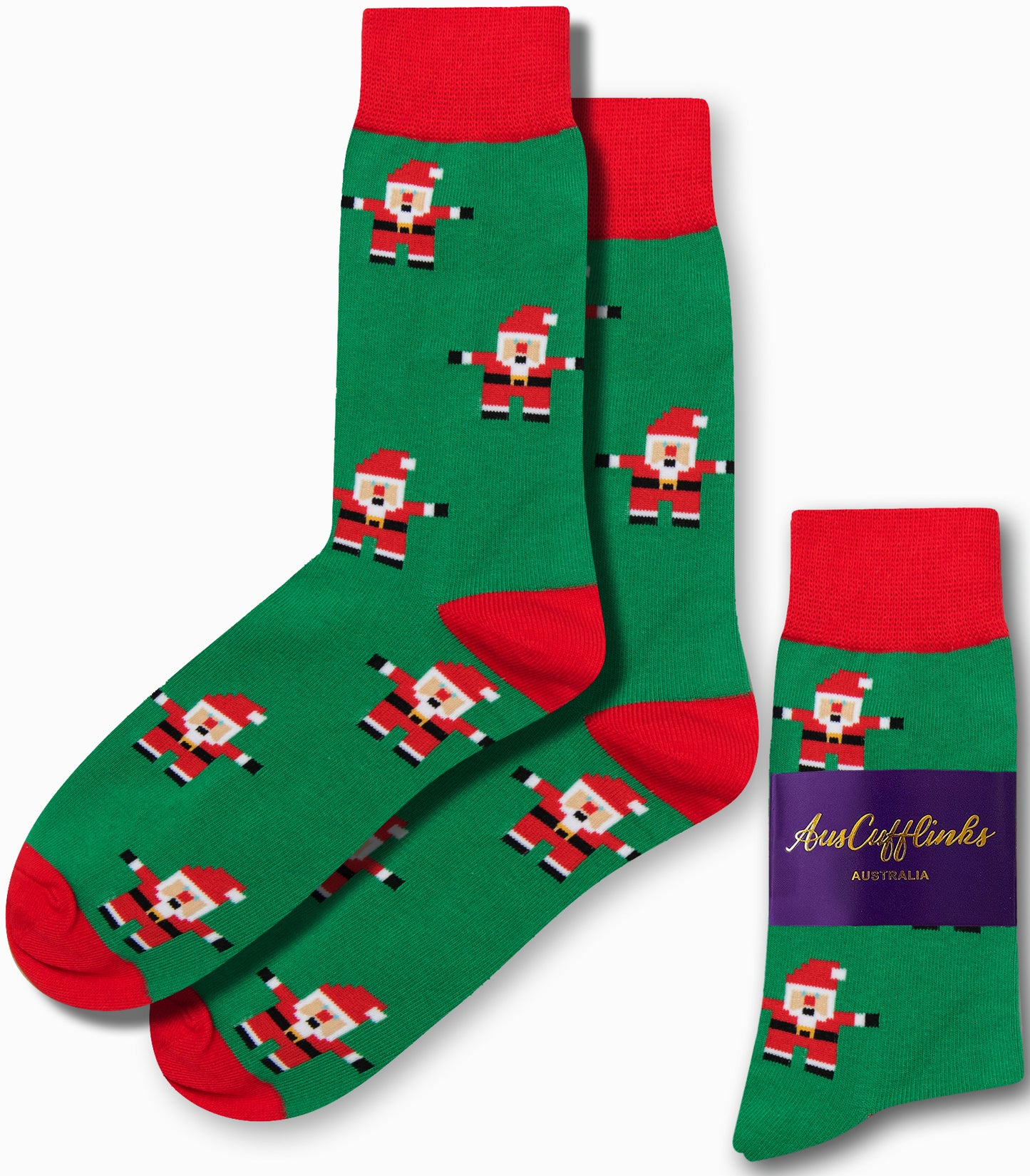 Santa Socks: These festive green socks feature a Christmas theme with a Santa Claus pattern and red accents at the top and toe, adding holiday cheer to your wardrobe. Each pair is packaged on the side.