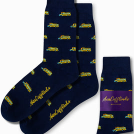 Navy School Bus Socks with yellow school bus patterns evoke a sense of nostalgia, proudly featuring the "AusCufflinks Australia" branding.