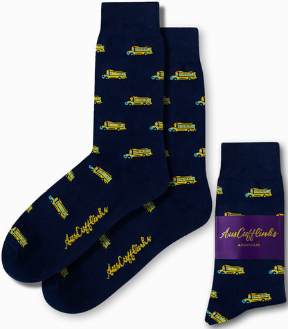 Navy School Bus Socks with yellow school bus patterns evoke a sense of nostalgia, proudly featuring the "AusCufflinks Australia" branding.