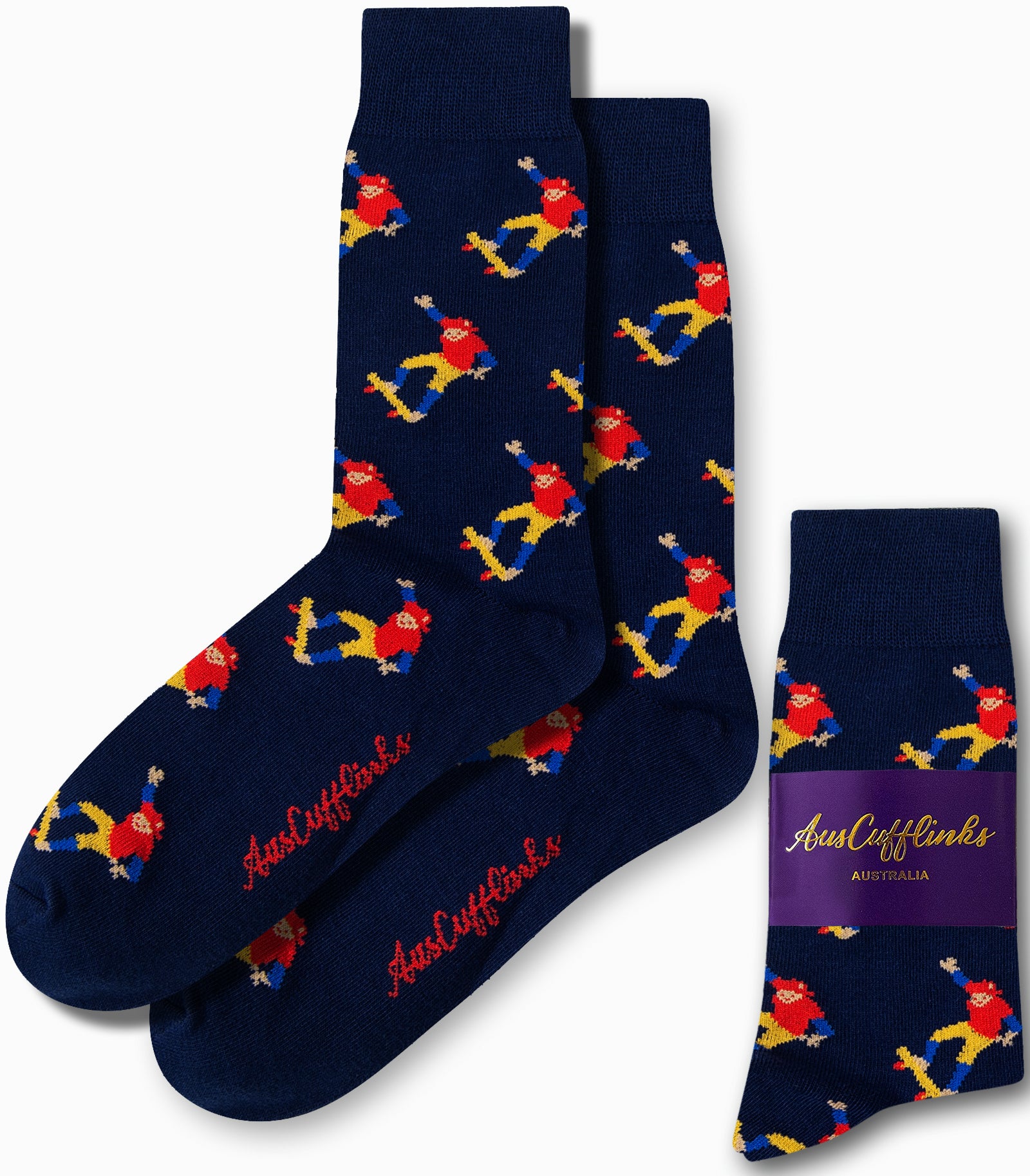 Skateboarder Socks in dark blue with a vibrant red and yellow parrot pattern, providing street-smart comfort. The packaging showcases "AusCufflinks Australia" with pride.