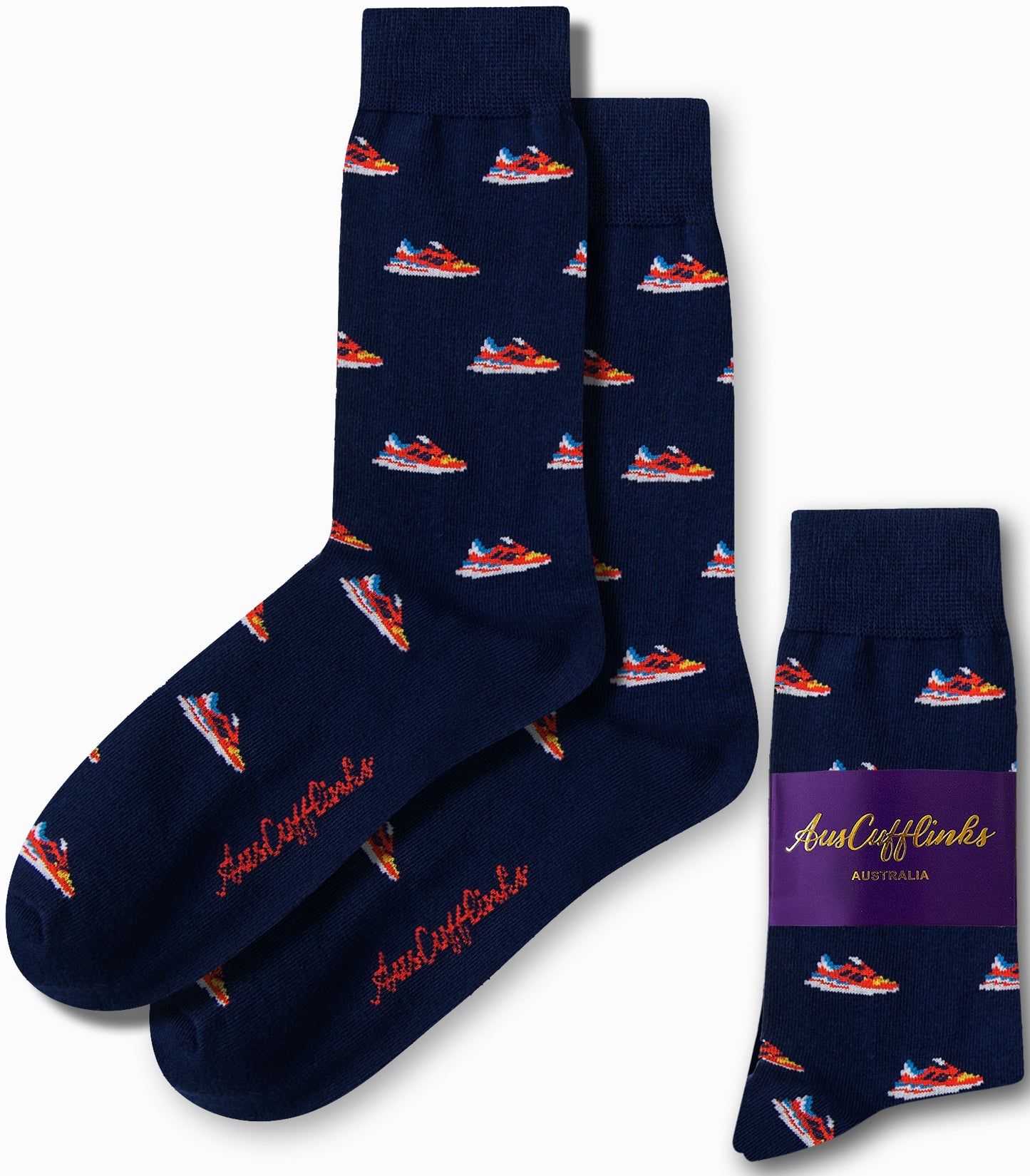 Navy blue Sneaker Socks with a stealthy design showcasing a red and white boat pattern, branded as "AusCufflinks Australia.