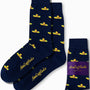 Sombrero Socks in navy blue feature a lively lemon pattern in vibrant yellow and green, ideal for giving your feet a festive flair. Packaged under the "AusCufflinks Australia" label, these socks seamlessly blend style and comfort.