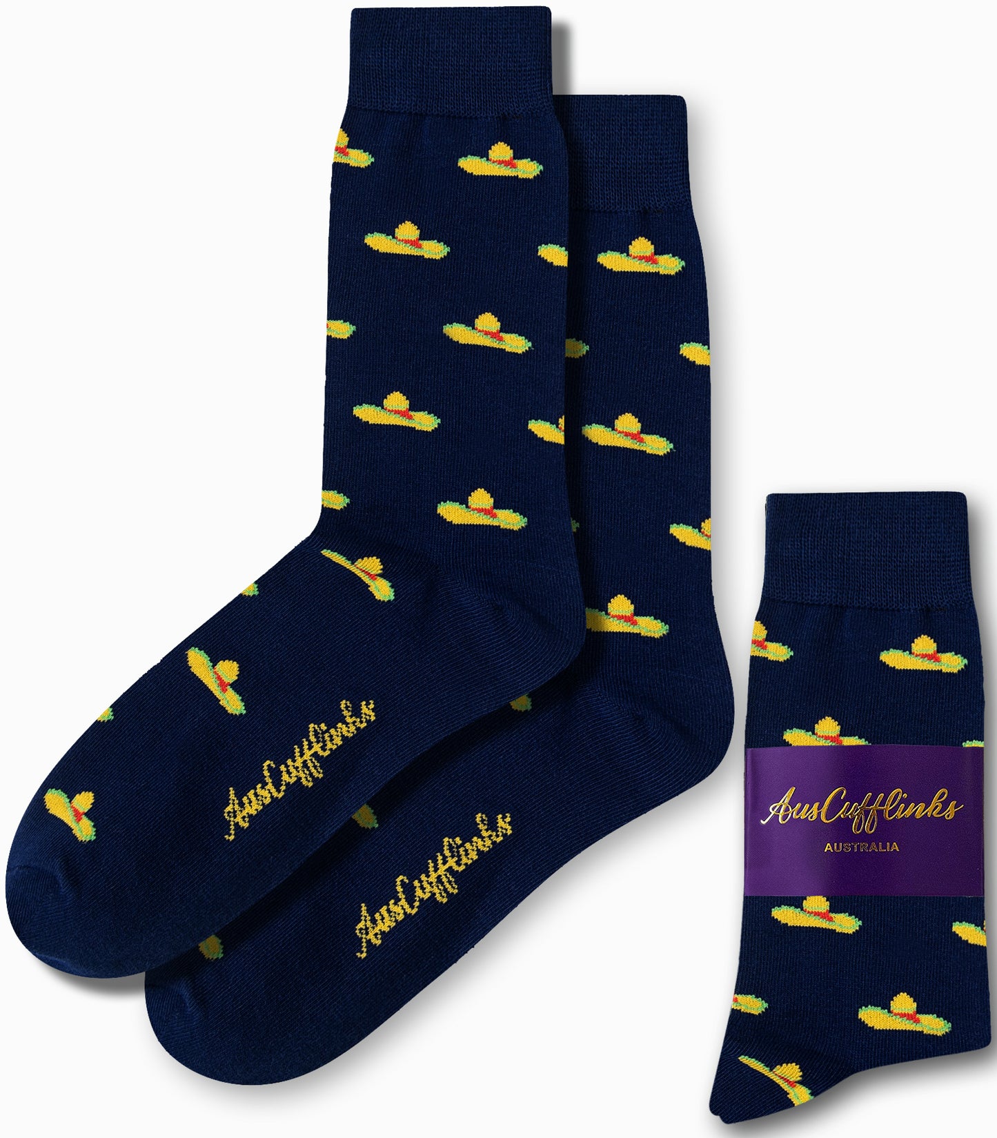 Sombrero Socks in navy blue feature a lively lemon pattern in vibrant yellow and green, ideal for giving your feet a festive flair. Packaged under the "AusCufflinks Australia" label, these socks seamlessly blend style and comfort.