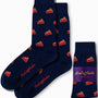 Navy blue socks featuring a charming red cake slice pattern, packaged with a purple label that reads "Strawberry Cake Socks by AusCufflinks Australia.