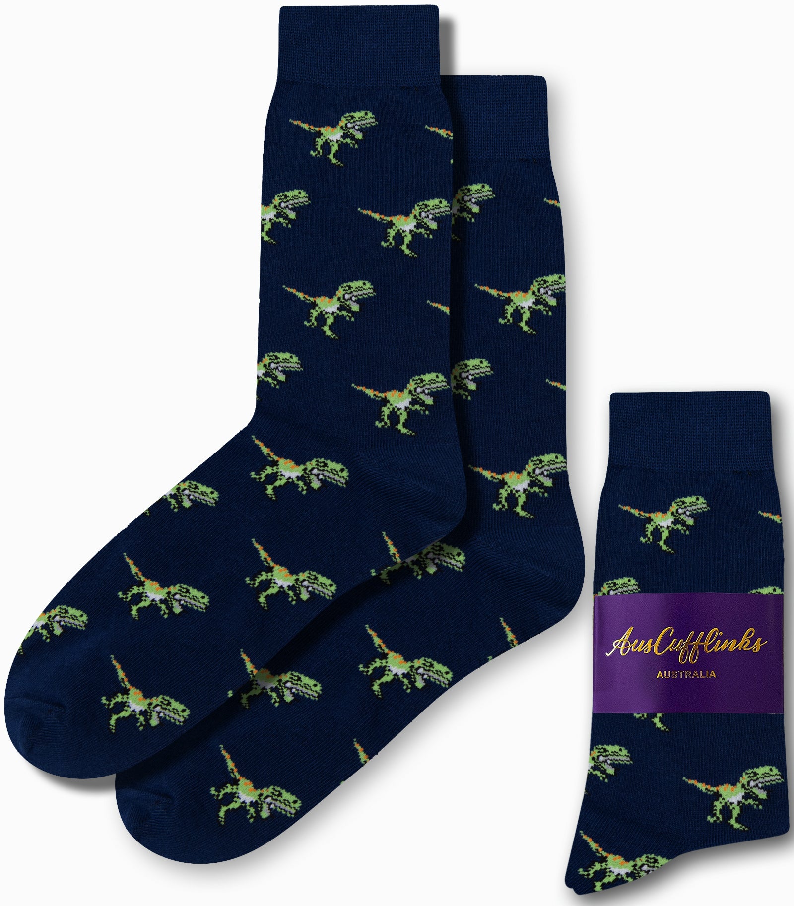 Two pairs of T-Rex Socks, featuring navy with green dinosaur patterns and a purple label, offer both style and comfort, adding a touch of Jurassic joy to your wardrobe.