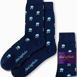 A pair of "Table Tennis Socks" in navy blue, featuring delightful light blue and yellow flower patterns, bring perfection to your feet, all beautifully packaged under the "AusCufflinks Australia" label.