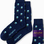 A pair of "Table Tennis Socks" in navy blue, featuring delightful light blue and yellow flower patterns, bring perfection to your feet, all beautifully packaged under the "AusCufflinks Australia" label.