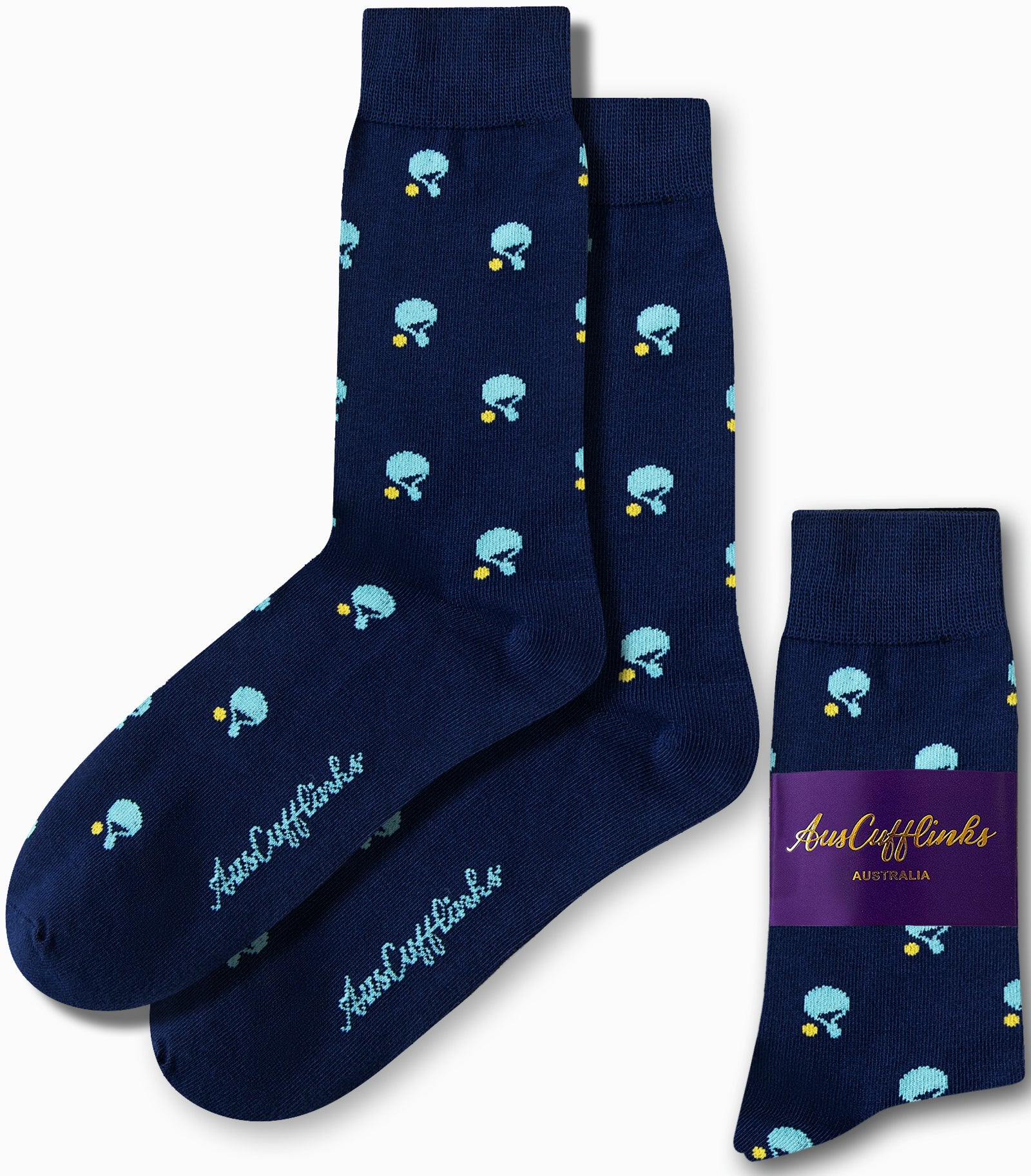 A pair of "Table Tennis Socks" in navy blue, featuring delightful light blue and yellow flower patterns, bring perfection to your feet, all beautifully packaged under the "AusCufflinks Australia" label.