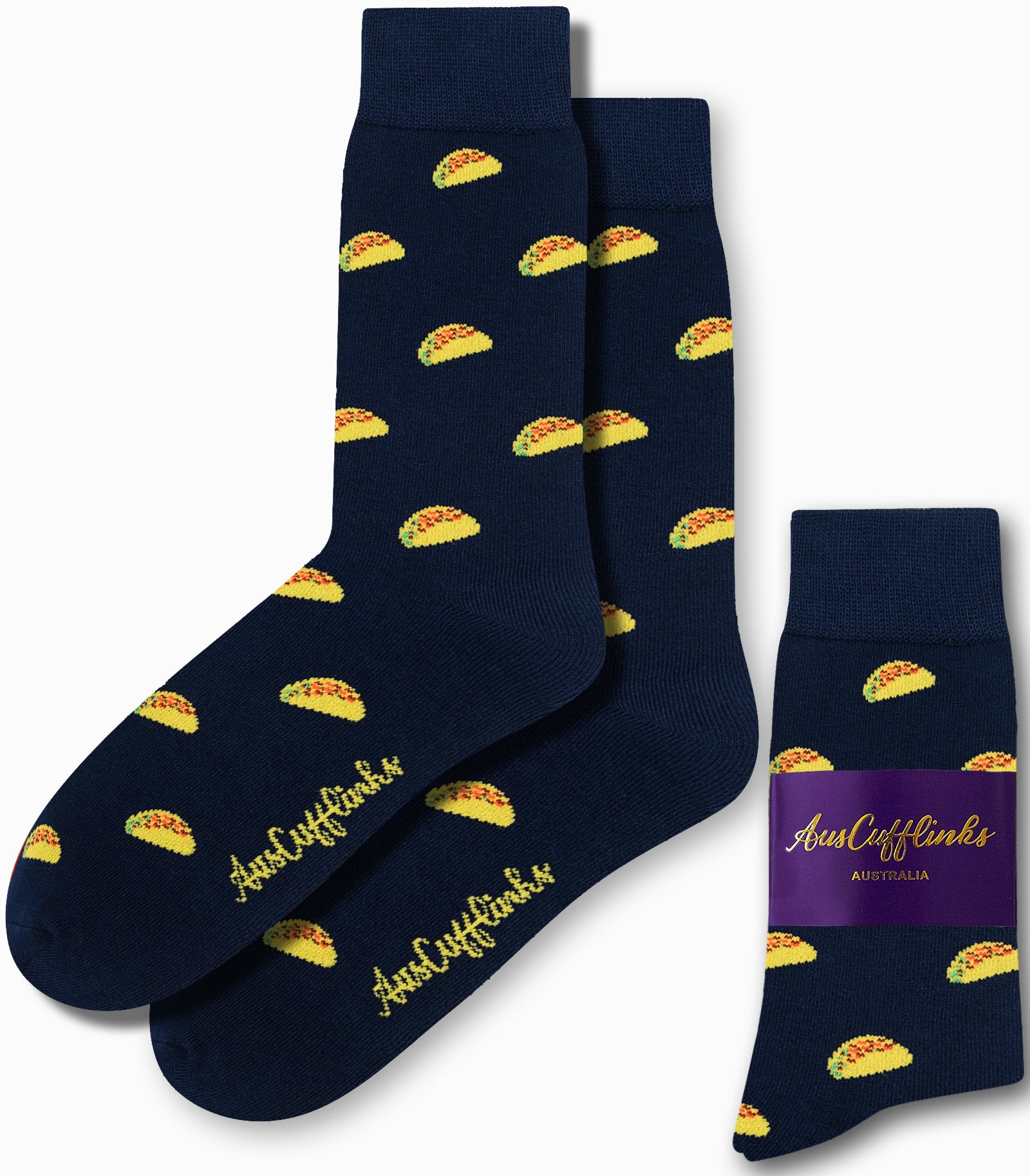 Navy blue Taco Socks feature vibrant yellow taco designs and the brand name "AusCufflinks." They come with a purple label that reads "AusCufflinks Australia," injecting a fun element into any ensemble.