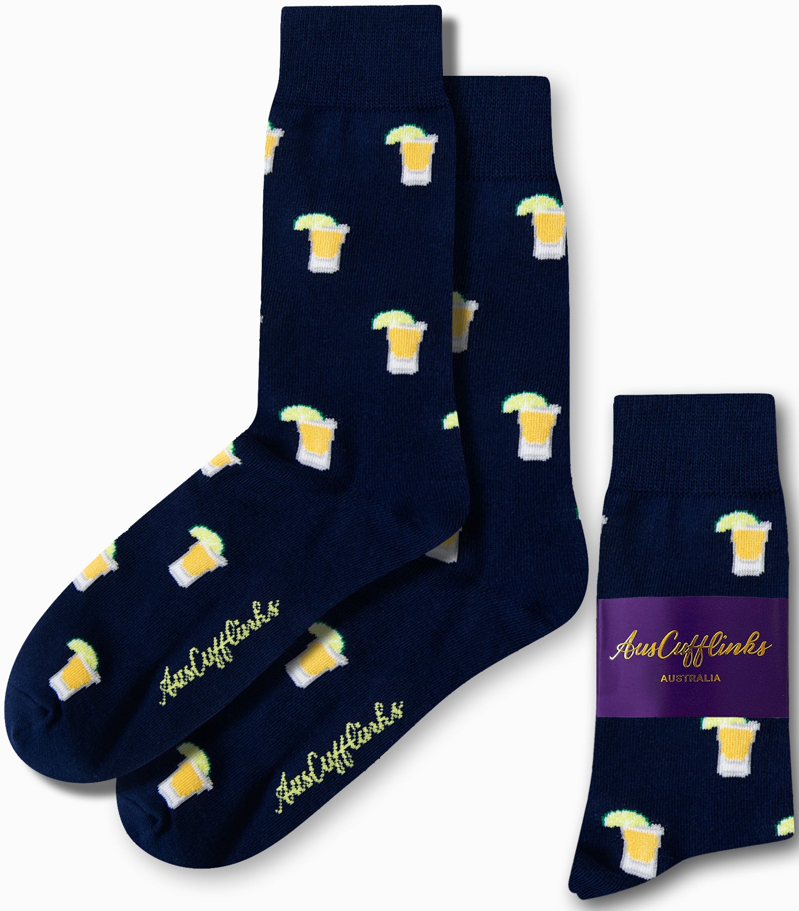 The Tequila Socks showcase a lively navy blue design adorned with a pattern of beer mugs and limes, packaged under the "AusCufflinks Australia" label.