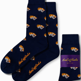 Introducing the "Tiger Socks" in navy blue, showcasing a captivating jungle design adorned with an orange and white tiger head motif. Experience untamed comfort, complete with "AusCufflinks" boldly scripted in orange on the sole.