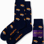 Introducing the "Tiger Socks" in navy blue, showcasing a captivating jungle design adorned with an orange and white tiger head motif. Experience untamed comfort, complete with "AusCufflinks" boldly scripted in orange on the sole.