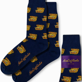 Uncover the hidden gems of style with the Treasure Chest Socks in dark blue, featuring a playful pattern of yellow sandwiches and proudly displaying "AusCufflinks Australia" branding.