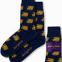 Uncover the hidden gems of style with the Treasure Chest Socks in dark blue, featuring a playful pattern of yellow sandwiches and proudly displaying "AusCufflinks Australia" branding.