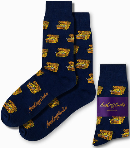 Uncover the hidden gems of style with the Treasure Chest Socks in dark blue, featuring a playful pattern of yellow sandwiches and proudly displaying "AusCufflinks Australia" branding.