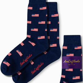 Navy blue USA Flag Socks with stylish American flag patterns, featuring stars and elegant red script, packaged in a sleeve labeled "AusCufflinks Australia.